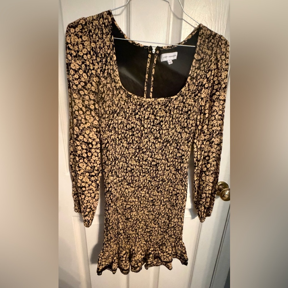Lost+Wander Black Mini with Gold Floral Print, all over smocking, ruffle trim.S - Picture 3 of 14